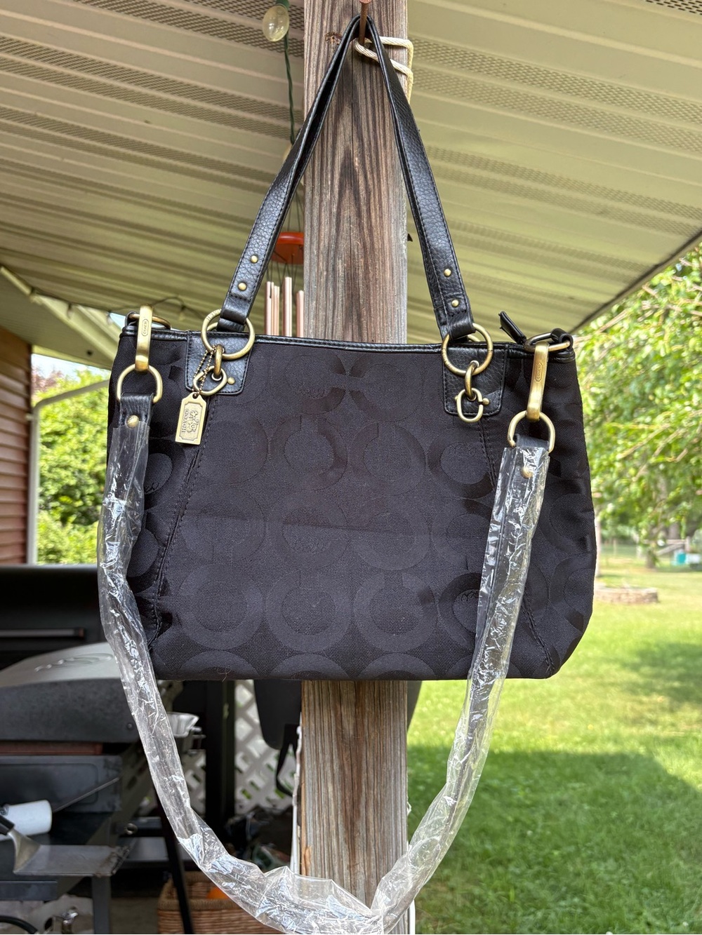 Coach Black Signature Jacquard Shoulder Bag with Leather Trim